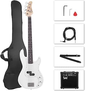 GLARRY Full Size Electric Bass Guitar Beginner Kit 4 String Exquisite Basswood Bass with 20W AMP, Cable, Strap, Bag and Accessories (White, 39"Right Handed)