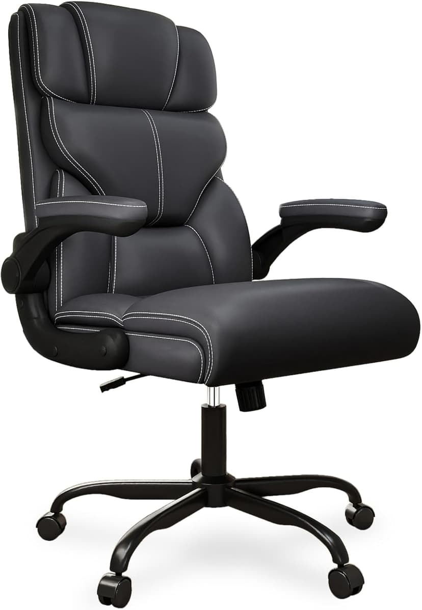Executive Office Chair with Flip-up Armrests,Ergonomic Computer Desk Chairs,Mid-Tall Back Leather Office Chair 400 Lbs,Lumbar Support Swivel PC Chair with Rocking Function