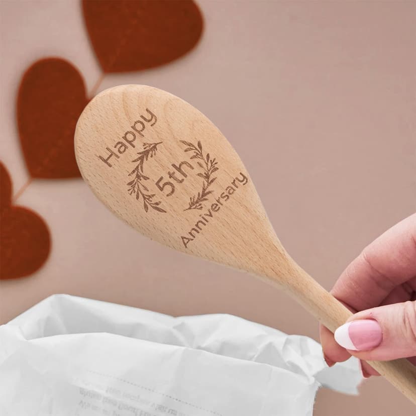5 Year Anniversary Wood Gifts for Her Him - Happy 5th Wedding Anniversary Spoon Wooden Gifts for Wife Husband Men Couples Marriage, Handmade Engraved Spoon 12×2.2 in