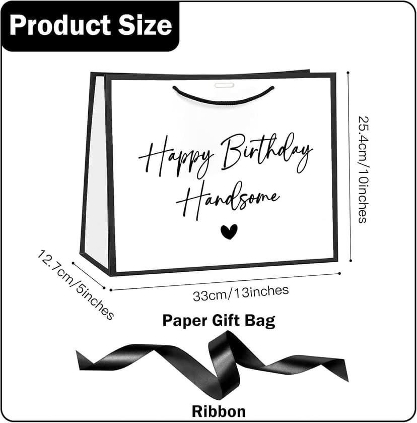 Loveinside 13" Large Birthday Gift Bag, White & Black Happy Birthday Handsome Elegant Script Design Party Bag with Bow Ribbon for Men, Husband, Boyfriend, Party Gift, 13" x 5" x 10", 1 Pcs B0GGZD2DT9