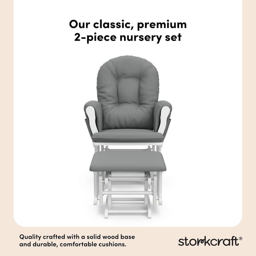 Storkcraft Premium Hoop Glider & Ottoman (White/Gray) — GREENGUARD Gold Certified Nursery Glider, Solid Wood Craftsmanship, Smooth-Gliding, Award-Winning