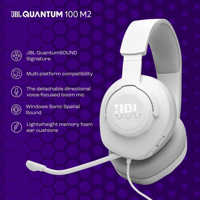 JBL Quantum 100M2 - Wired Over-Ear Gaming Headset with omnidirectional, Detachable mic with Mute Option and Fabric-Covered Memory Foam Ear Cushions, Compatible with All Platforms (White)