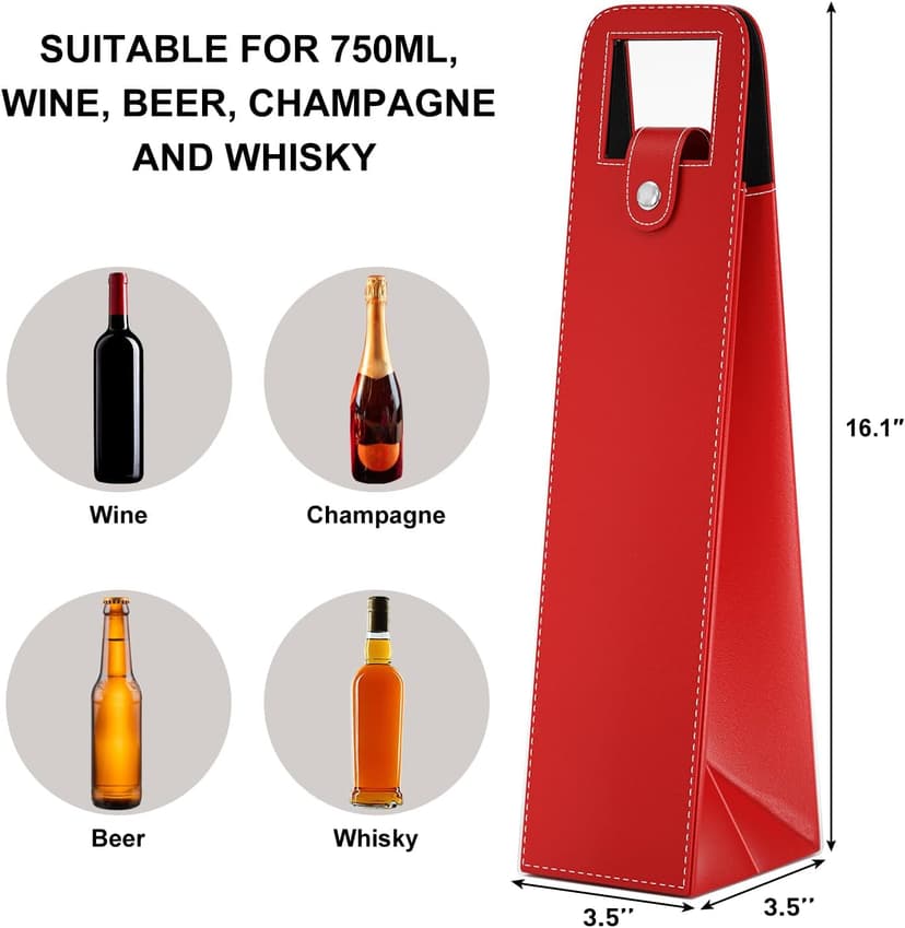 Wine Gift Bag, Reusable Leather Wine Tote Carrier, Single Bottle Champagne Beer Gift Bags Carrier for Birthday, Wedding, Picnic Party, Christmas Gifts (Red)