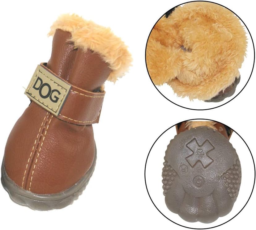 Winter Dog Boots & Paw Protectors: Outdoor Anti-Slip Dog Snow Shoes, Dog Booties Provide Warmth to Dogs Paws from Ice and Snow, Rubber Sole PU Leather Faux Fleece-Lined, Light Brown Dog Shoes Size 8