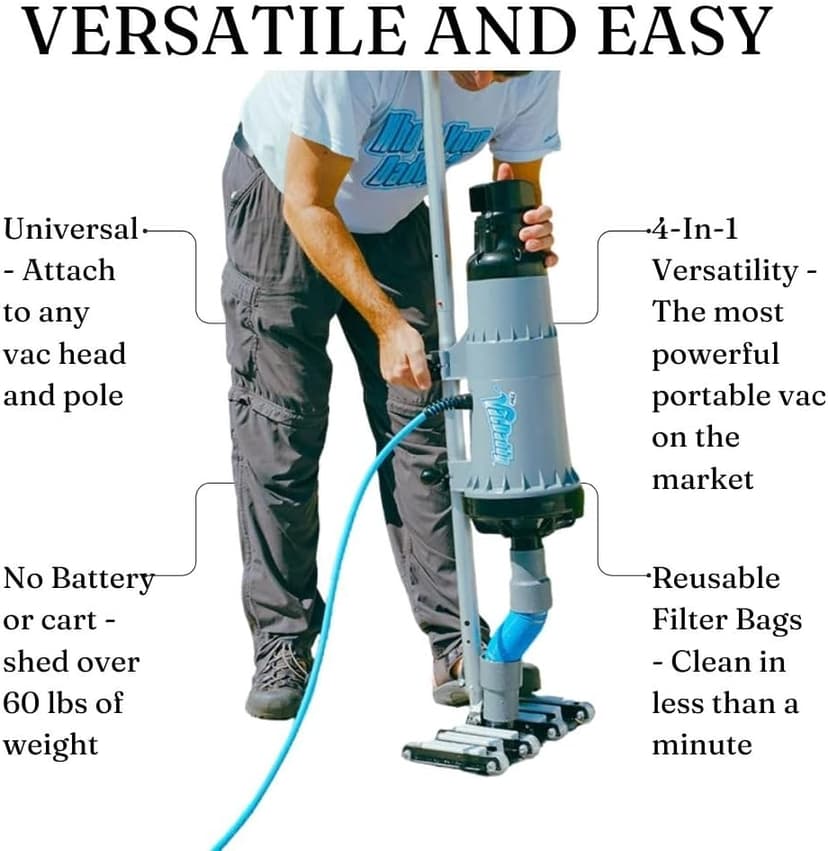 The VacDaddy FAST & POWERFUL Handheld Portable Pool Vacuum NO BATTERY REQUIRED! Cleans pools faster & better. Heavy Duty Professional Power for Residential and Commercial Inground & Above Ground Pools