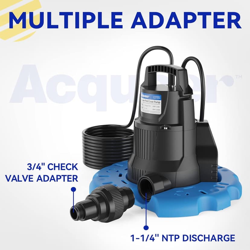 Acquaer 1/4 HP Automatic Swimming Pool Cover Pump, 2250 GPH Submersible Sump Pump with 3/4” Check Valve Adapter & 25ft Power Cord, Water Removal for Pool, Hot Tubs, Rooftops, Water Beds and more