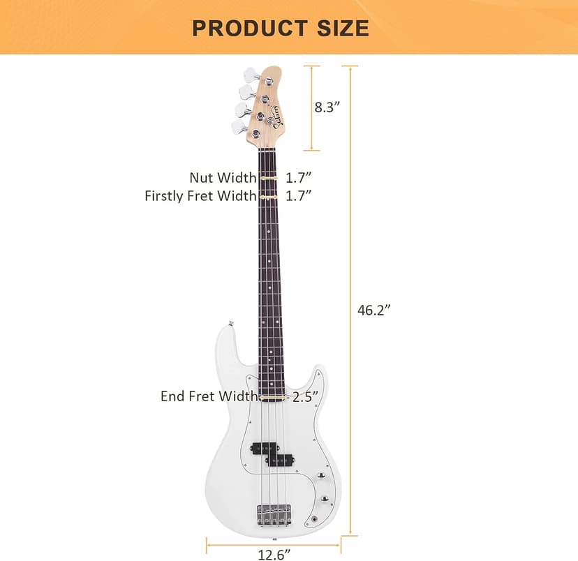 GLARRY Full Size Electric Bass Guitar Beginner Kit 4 String Exquisite Basswood Bass with 20W AMP, Cable, Strap, Bag and Accessories (White, 39"Right Handed)