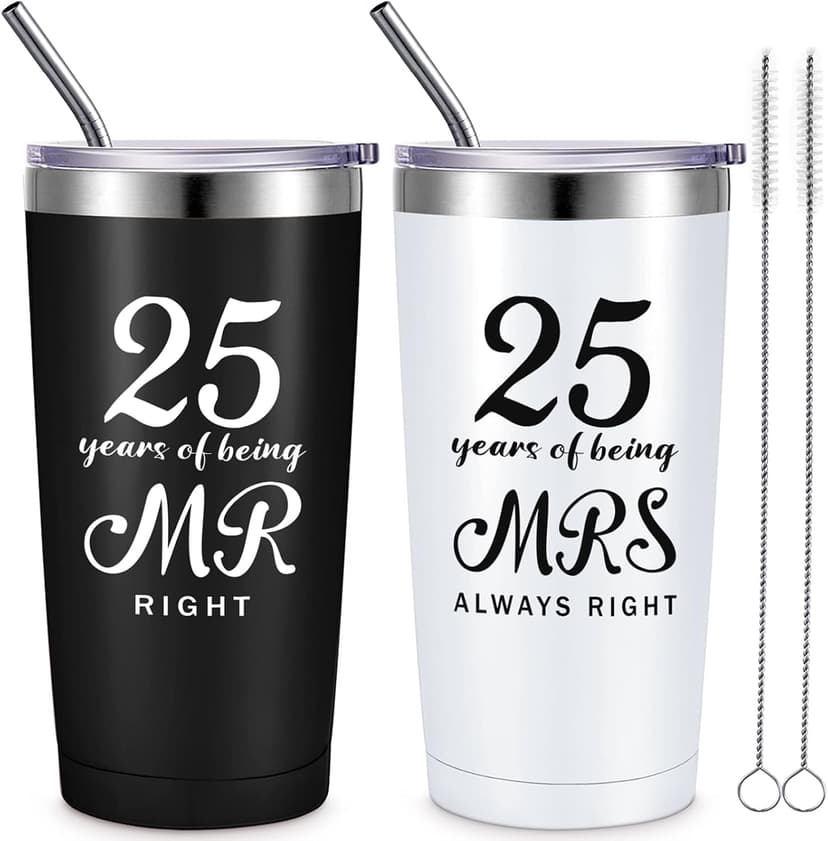 25th Anniversary Cups for Couples Travel Tumbler Wedding Engagement Coffee Mug for Husband Wife Newlywed Bride Groom Cunhill 2 Pcs 25th Wedding Anniversary Tumblers Mr and Mrs Cups Set 20 oz B0B718Y7F6