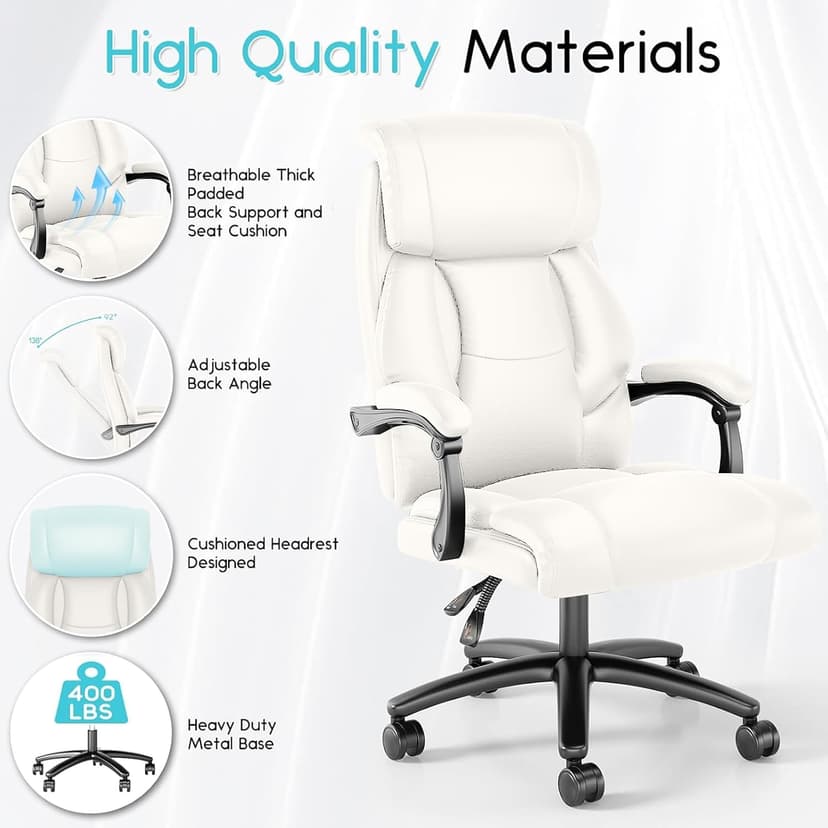 Ollega Reclining Office Chair, Executive Big and Tall Office Chair with Wide Seat, Recliner Leather High Back Computer Desk Chairs (White)
