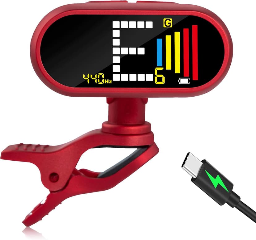 EX Professional Rechargeable Chromatic Clip-On Guitar Tuner — Fast, Ultra-Accurate Clip-On Tuner with Color LCD for Acoustic Guitar, Bass Guitar, Ukulele & Violin, Red