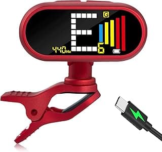 EX Professional Rechargeable Chromatic Clip-On Guitar Tuner — Fast, Ultra-Accurate Clip-On Tuner with Color LCD for Acoustic Guitar, Bass Guitar, Ukulele & Violin, Red