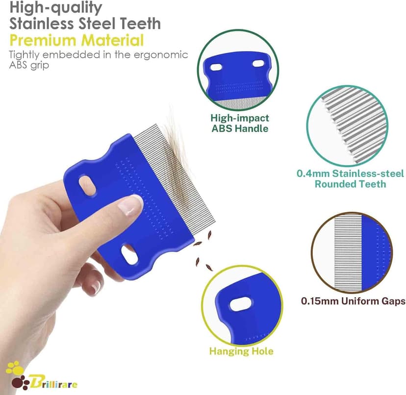 BRILLIRARE 4 Pack Flea Lice Comb, Stainless Steel Dog Cat Grooming Combs with Rounded Teeth, Double Sided Professional Pet Tear Stain Remover, Dematting Tool for Small, Medium & Large Pets