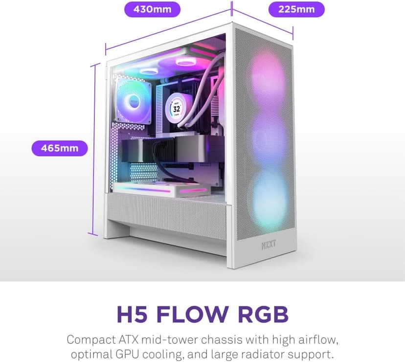 NZXT H5 Flow RGB 2024 - Compact ATX Mid-Tower PC Gaming Case - High Airflow - F360 RGB Core (CV) Included - 360mm Front & 240mm Top Radiator Support - Cable Management - Tempered Glass - White