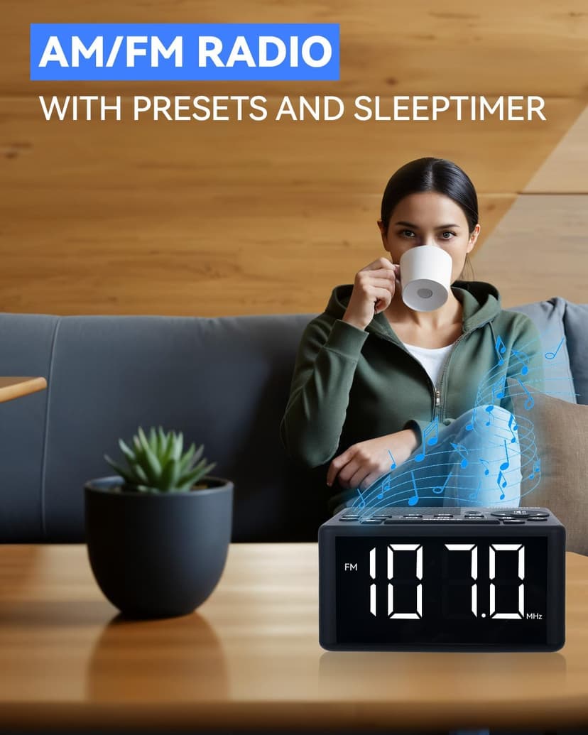 Digital Alarm Clock Radio with AM/FM Radio, Presets, Scan, Dual Weekday/Weekend Alarms, Snooze, Sleep Timer and Dimmable White LED Display for Bedroom, Living Rooms, Kitchens, Offices, etc (White)