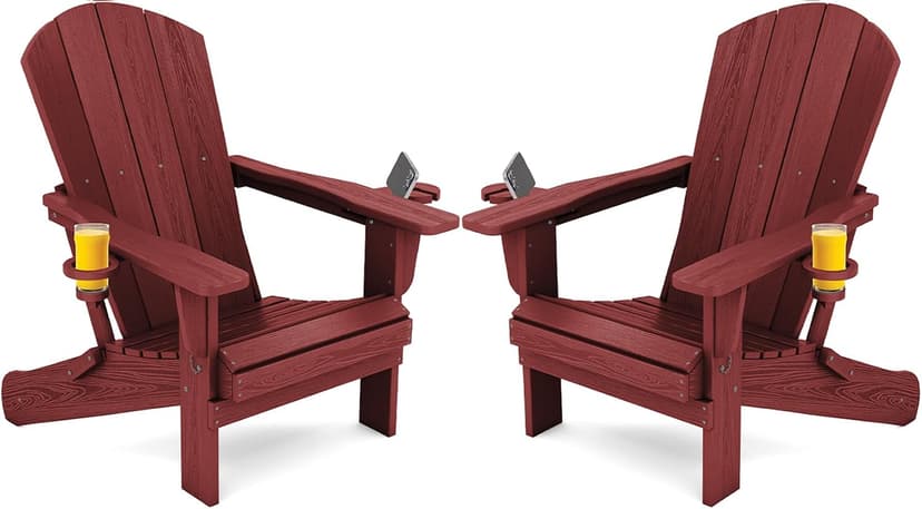 SERWALL Adirondack Chair with Cup Holders - Composite Adirondack Chairs Set of 2 HDPE Outdoor Chairs All Weather Use- Dark Red