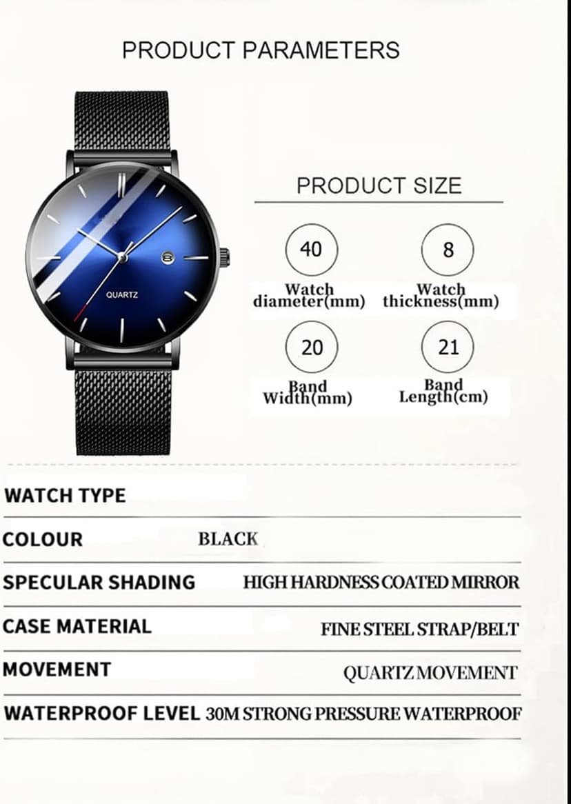 BESTKANG Men's Fashion Minimalist Wrist Watch Waterproof Watches Simple Ultra Thin Watches Analog Quartz Date with Stainless Steel Mesh Band