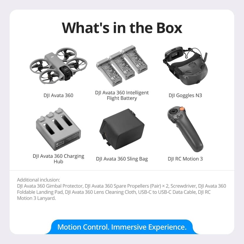 DJI Avata 360 Motion Fly More Combo, 360° Drone With 1-Inch 8K 360° Imaging, 360° Camera Drone With Propeller Guard. Includes Goggles N3 and RC Motion 3 for Intuitive Motion Control 1 year NYC Care Plan and more