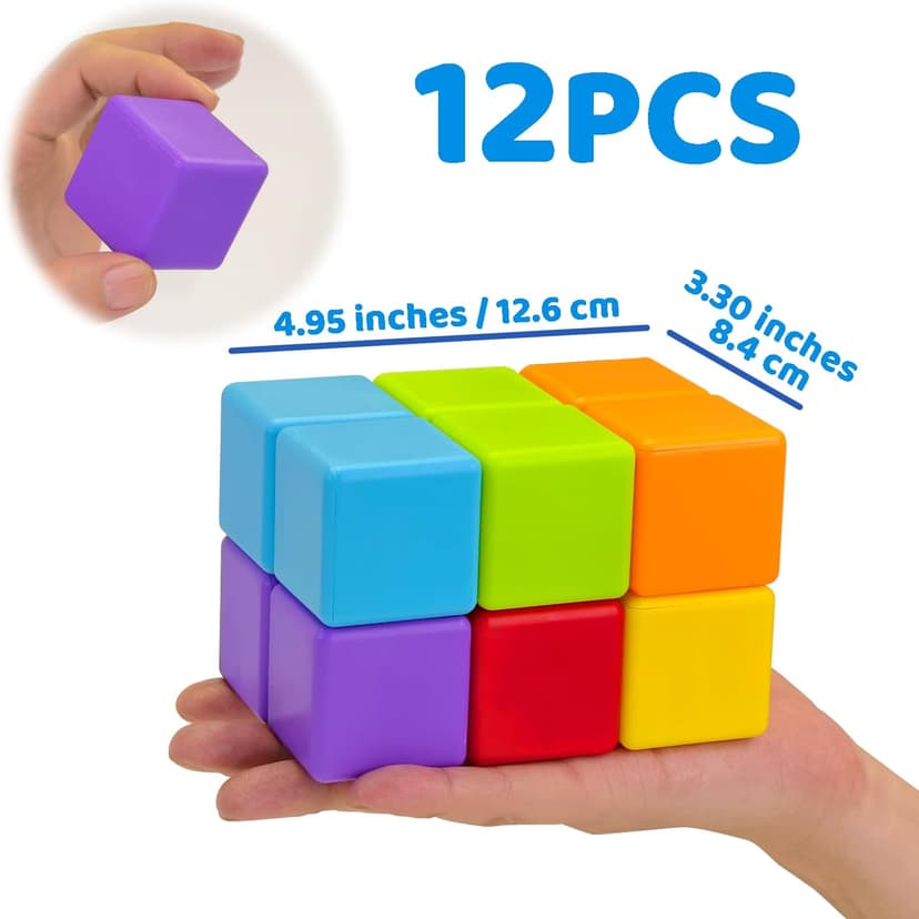 Sensory & Montessori Toys for Boys & Girls 1 2 3 Years Old, Toddler Travel Toys, Magnet Toys for Kids Birthday Gifts (12 PCS) Magnetic Building Blocks Large, 1.65 inch Stacking Cubes for Toddlers B0CHJTD1FS
