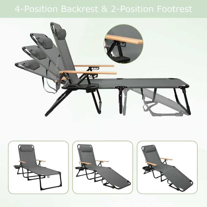 Folding Lounge Chair with Canopy, Tanning Chair with 4-Position Reclining Back, Folding Sun Lounger, Outdoor Lounge Chair for Beach, Poolside, Backyard, Camping, UPF 50+ Sun Shade, 300 LBS