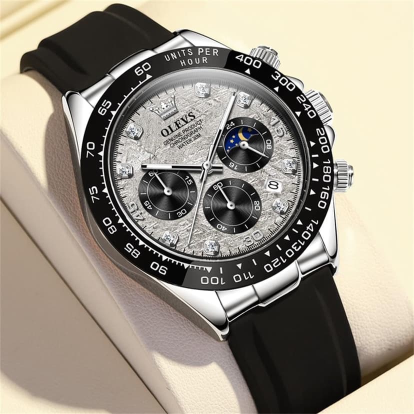 OLEVS Men's Watches Chronograph Multifunction Sport Silicone Luxury Diamond Moon Phase Quartz Male Watch Waterproof Wrist Watch