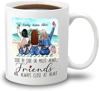 Elido Store Personalized 3 Friends Custom Mug, Side By Side Or Miles Apart Friends Are Always Close At Heart Coffee Mug Gifts For Women, Besties, Soul Sister, Friendship Mugs Custom Names 11oz, 15oz