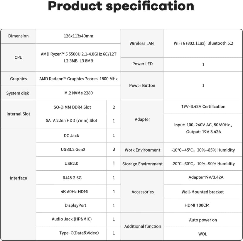 Beelink Ser5 Pro mini PC, AMD Ryzen 5 5500U (Up to 4.0GHz,6C/12T), 16GB DDR4 500GB PCle SSD,mini Computer Support 4K Triple Display/2.5G LAN/WiFi6/BT5.2, Home/Office Mini Desktop Computer