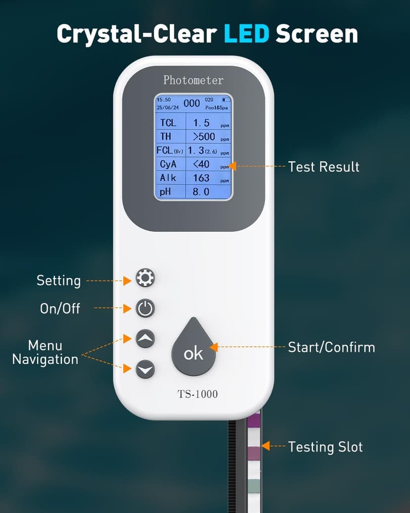 Pawfly 7 in 1 Digital Water Testing Kit, 50 Strips Hot Tub Test Kit, Digital Pool Water Tester for pH, Total Hardness, Total Chlorine, Free Chlorine, Total Alkalinity, Cyanuric Acid & Bromine