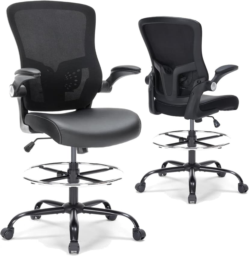 Drafting Chair, Tall Office Chair with PU Leather Seat, Ergonomic Standing Desk Chair with Lumbar Support Counter Height Office Chair with Adjustable Footrest Ring Flip-up Armrests