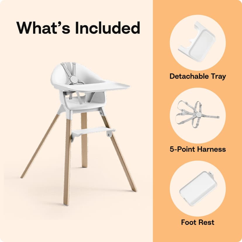 Stokke Clikk High Chair, White - All-in-One High Chair with Tray + Harness - Light, Durable & Travel Friendly - Ergonomic with Adjustable Features - Best for 6-36 Months or Up to 33 lbs