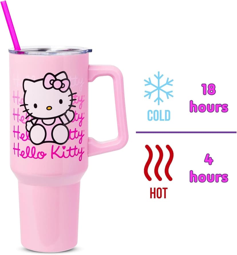 Silver Buffalo Sanrio Hello Kitty Waving Stainless Steel Tumbler with Handle and Straw, Fits in Standard Cup Holder, 40 Ounces