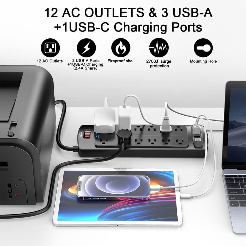 Power Strip, ALESTOR Surge Protector with 12 Outlets and 4 USB Ports, 6 Feet Extension Cord (1875W/15A), 2700 Joules, ETL Listed, Black