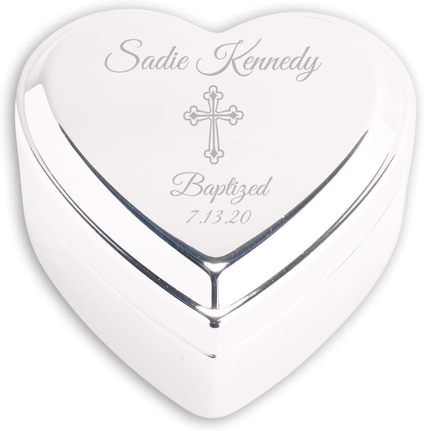 Cherished Moments Personalized Heart Jewelry Keepsake Box with Custom Engraved Cross and Name for Baby Baptism Gift for Girls, Silver Toned