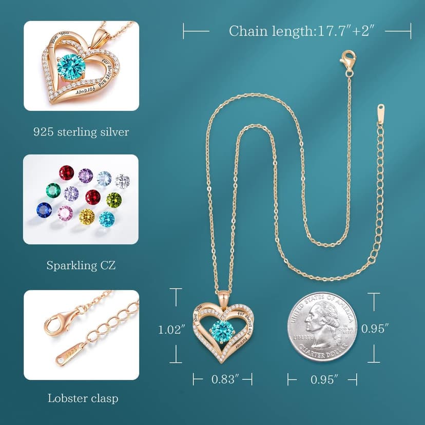 CDE Forever Love Heart Necklaces for Women, Wedding Anniversary, Birthday Mothers Day Christmas Day Gifts for Mom, Mother, Wife, friend, S925 Silver Jewelry with Birthstone Pendant