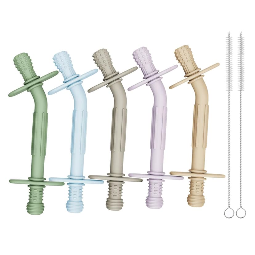 Teething Toys for Babies 36+ Months, 5 Pack Silicone Teething Straws,Soft Chewable Sensory Aid for Molar Discomfort, Infant Oral Development