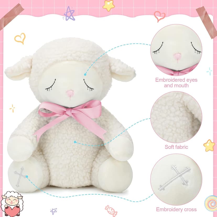 Haull 5 Pcs Christening Baptism Gifts Charms for Girls Granddaughter/Daughter Include 8.5 Inch Plush Lamb Toy Doll Pray Card with Gift Box Baptism Pearls Bracelet with Keepsake Box for Baby Shower