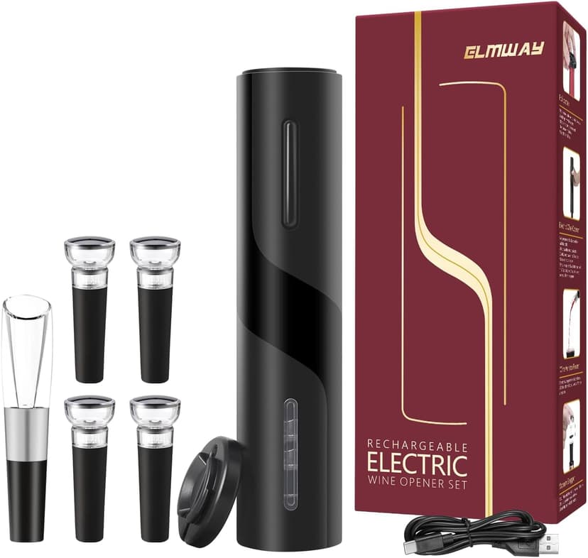 Electric Wine Opener Set by ELMWAY - Rechargeable Wine Bottle Opener & Corkscrew with Foil Cutter / 4 x Vacuum Stoppers/Premium Wine Aerator Pourer, Ideal Wine Gifts for Wine Lovers - Black