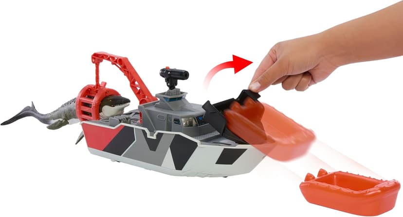 Matchbox Toy Car Playset, Jurassic World 12.5” Dino Boat with 13” Mosasaurus Dinosaur, 1:64 Die-Cast Jeep, Harpoon Missiles & Detachable Rescue Boat