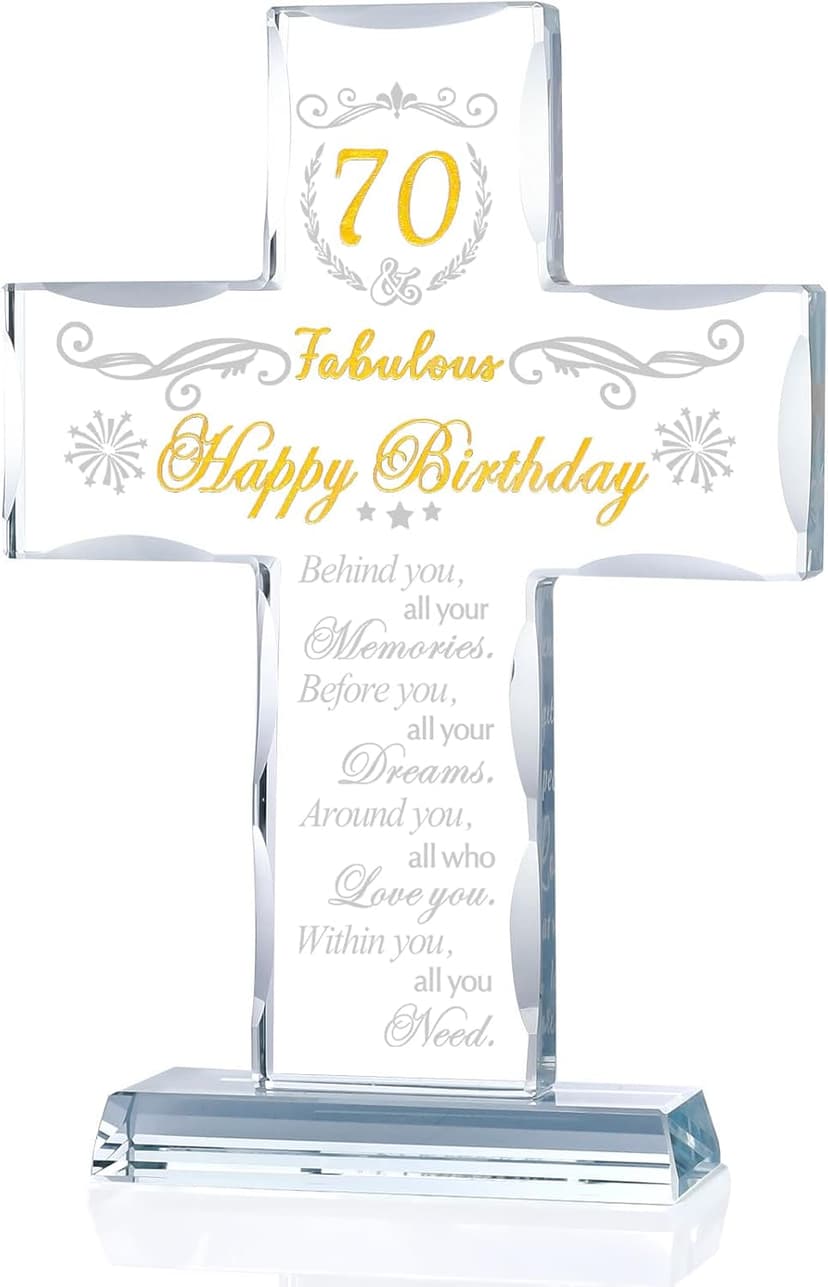 70th Birthday Cross Gifts for Women, Men, Standing Glass Keepsake for 70 Year Old Birthday Religious Presents for Mom, Dad, 70th Fabulous Birthday Gifts Ideas