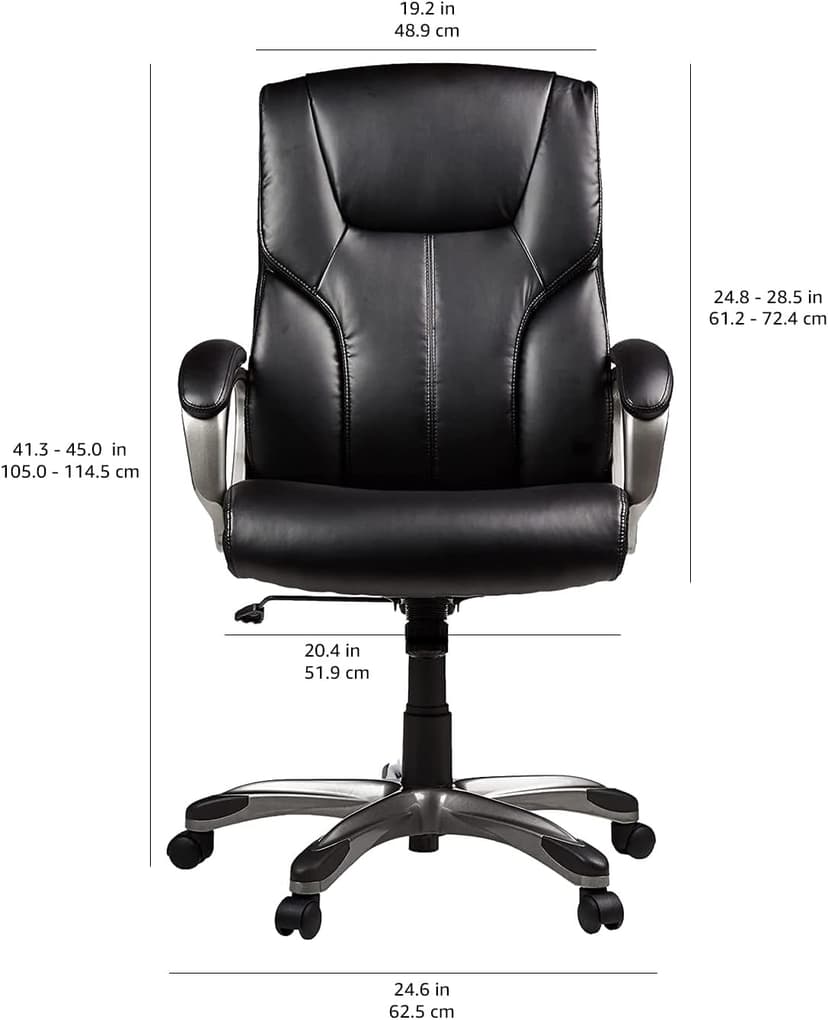 Amazon Basics Executive High Back Office Chair, Adjustable Height, Tilt, Swivel, Padded Seat, Bonded Leather, Wheels, Black/Silver