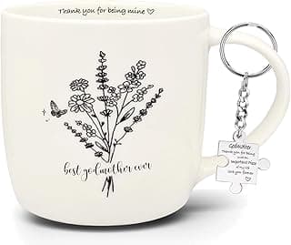 Best Godmother Ever Mug 12 Ounces Ceramic Coffee Cup Floral Beige with Keychain, Gift for Godmother Birthday, Mother’s Day, Christmas from Godchild