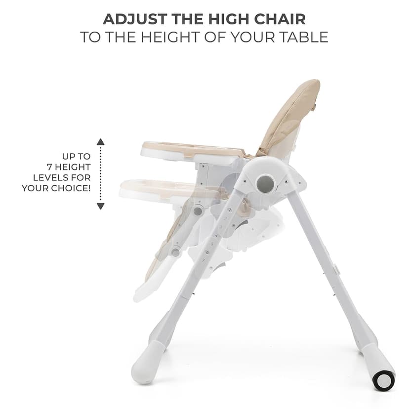 Kinderkraft Tummie, 2-in-1 high Chair, Baby Chair, Ergonomic, Comfortable, Reclining, Foldable, with Ajustable Height, Footrest, Detachable Tray, for Toddler, with Toys, Beige