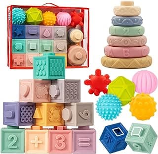 Jyusmile Baby Toys 6-12 Months, Montessori Toy for Babies 6-12 Months, Incl Stacking Building Blocks & Soft Infant Teething Toys & Sensory Balls for Toddlers 0-3-6-9-12 Month B0B2P5GK1Y