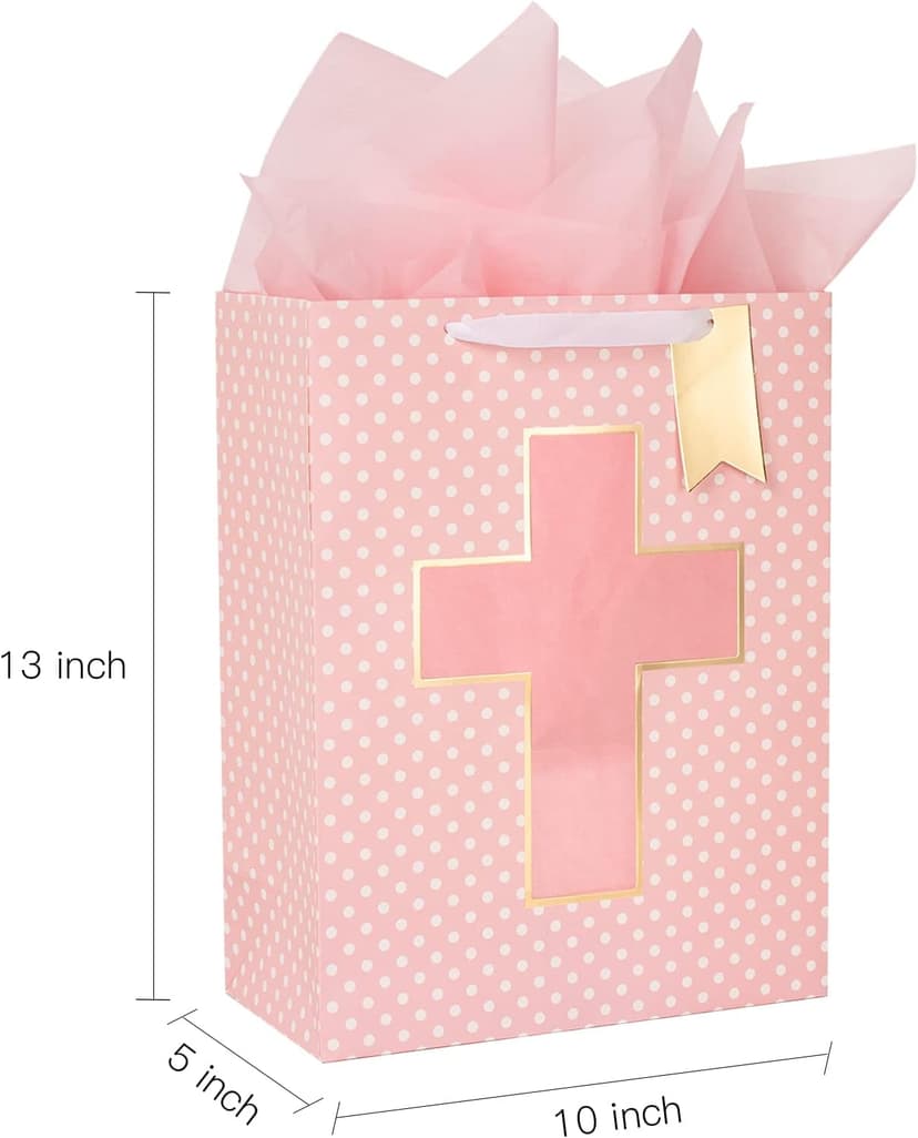Loveinside Pink Gift Bag with Cross Design, Tissue Paper for Baby Girl Baptisms, Christenings, First Communions Religious Occasion- 10" x 5" x 13", 1 Pcs