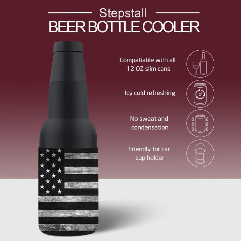 Stepstall Can Cooler Beer Bottle Holder with Beer Opener, 4-in-1 Design Slim Can Beer Bottle Insulators, Double Walled Stainless Steel Insulated, 12 OZ Beer Gifts for Men Father(Black American Flag)