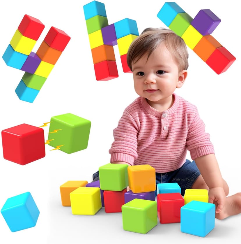 Sensory & Montessori Toys for Boys & Girls 1 2 3 Years Old, Toddler Travel Toys, Magnet Toys for Kids Birthday Gifts (12 PCS) Magnetic Building Blocks Large, 1.65 inch Stacking Cubes for Toddlers B0CHJTD1FS