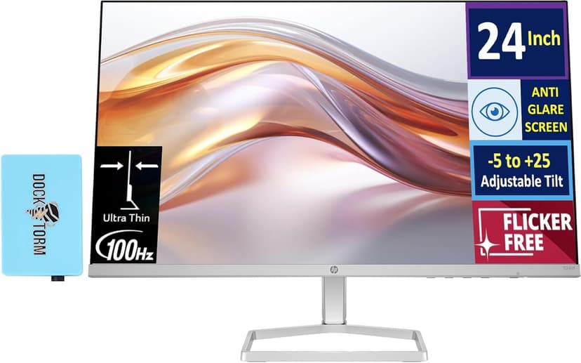 HP 24" 100Hz 300 nits IPS FHD (1920x1080) Monitor (Replaces M24f) w/Docztorm Hub USB Port Expander, Flicker-Free, Adjustable Tilt, 1x HDMI 1.4, 1x VGA, Black/Silver (2026 Latest Model)