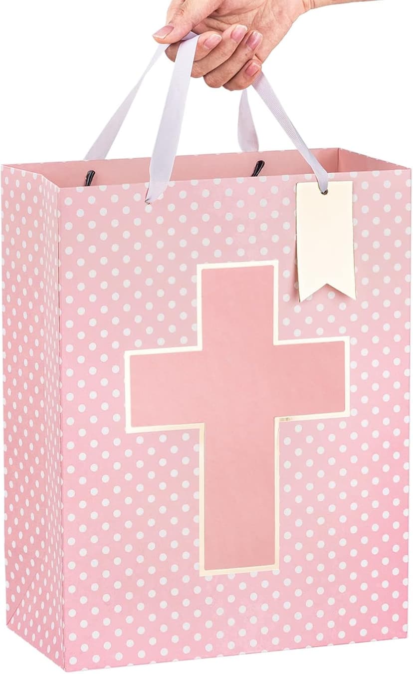 Loveinside Pink Gift Bag with Cross Design, Tissue Paper for Baby Girl Baptisms, Christenings, First Communions Religious Occasion- 10" x 5" x 13", 1 Pcs
