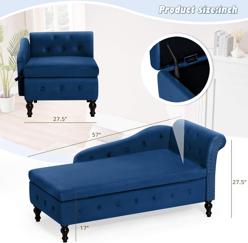 Upholstered Chaise Lounge with Right Armrest & Lumbar Pillow,Button Tufted Lounge Sofa with Storage,Lounge Chair Indoor,Modern Velvet Lounge Chair for Bedroom, Living Room and Office,Blue