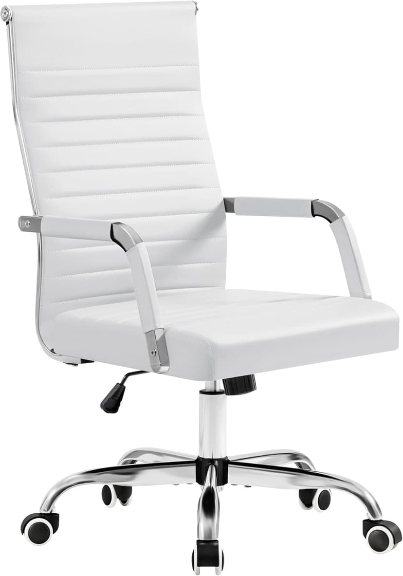 Furmax Ergonomic Office Desk Chair, Executive Ribbed Mid-Back PU Leather Conference Room Chair Adjustable Swivel Chair with Arms (1, White)