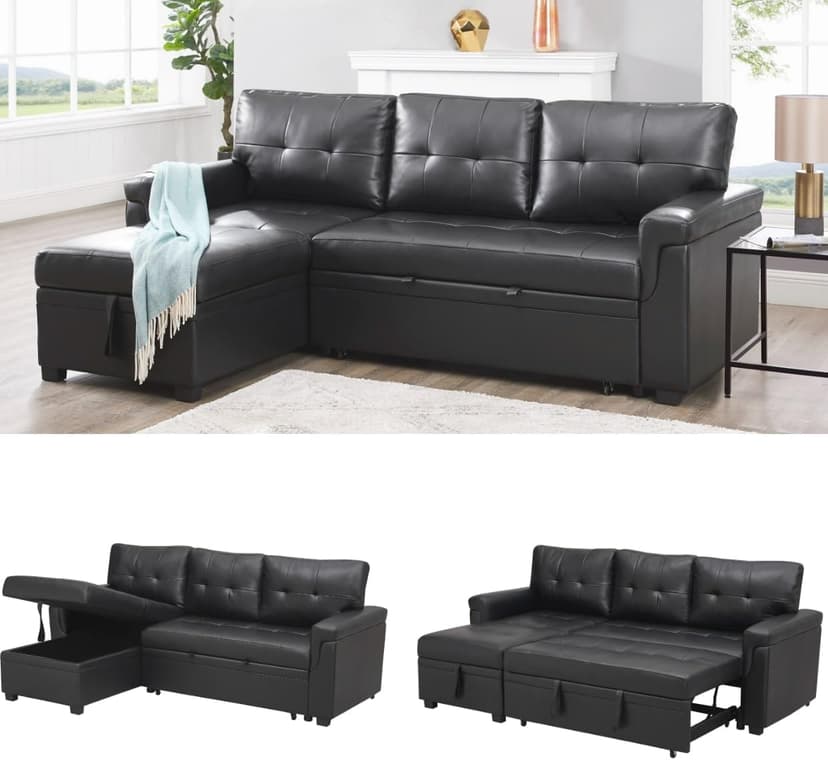 Naomi Home Modern Sectional Sofa with Storage Chaise Black/Air Leather